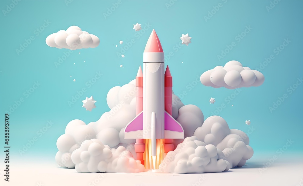 3D Rocket Launch on pastel bright White Background.