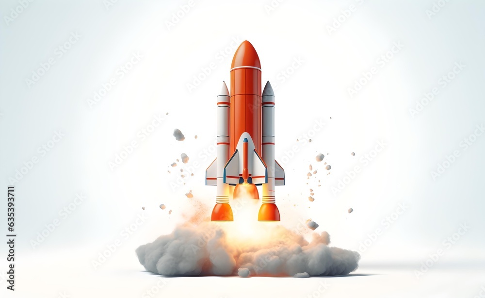 Fototapeta premium 3D Rocket Launch on pastel bright White Background.