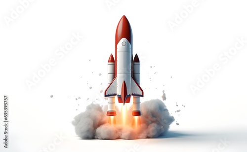 3D Rocket Launch on pastel bright White Background.