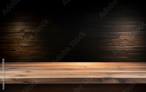 An empty wooden table for presentation with a dark background and isolated recessed lighting