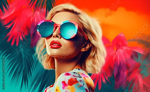 Pop art collage of a young model girl with peculiar sunglasses on a palm tree summer vibe background.