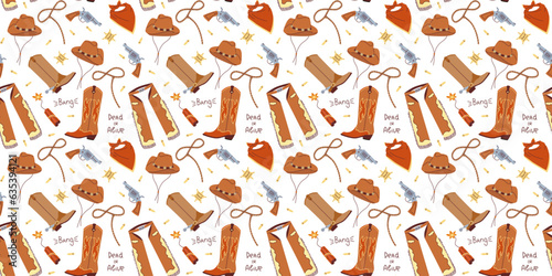 Seamless pattern with hand drawn colorful cowboy clothes on white background in flat cartoon style. Boots, bandana, hat, lasso, gun, chaps. Wild west concept. For background, packaging, textile