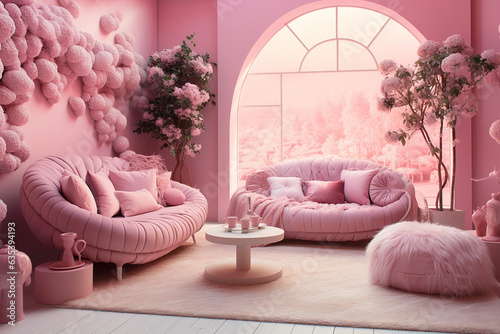 pink room, interior in the style of a doll toy, in pink tones with fluffy furniture