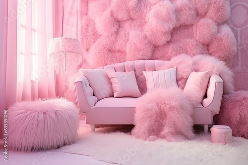 pink room, interior in the style of a doll toy, in pink tones with fluffy furniture