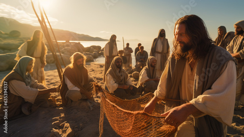 Foto Jesus Christ is fishing with fishermen