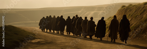 The apostles are going to preach in the Judean desert. Men walk across a sandy landscape photo