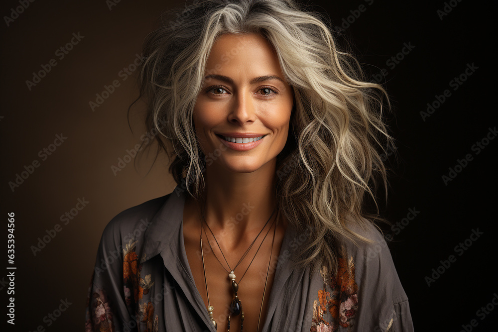 portrait of a beautiful woman 50 years old, with gray hair, a wide smile, in yoga clothes portrait of a beautiful woman 50 years old, with gray hair, a wide smile, in yoga clothes