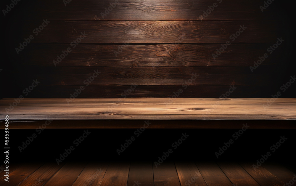 An empty wooden table for presentation with a dark background and isolated recessed lighting An empty wooden table for presentation with a dark background and isolated recessed lighting