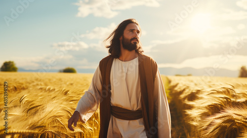  Jesus Christ is walking in a field with wheat. Biblical Christian photo for church publications photo