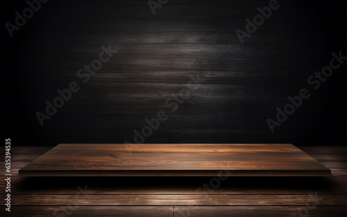 An empty wooden table for presentation with a dark background and isolated recessed lighting © MUS_GRAPHIC