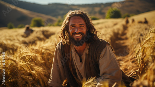 Jesus Christ is walking in a field with wheat. Biblical Christian photo for church publications photo