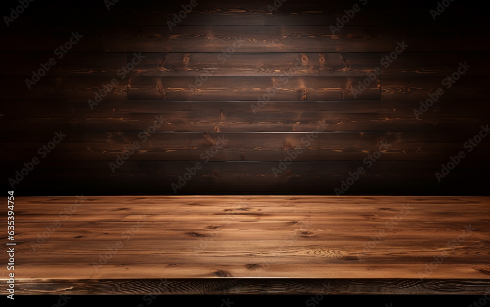 An empty wooden table for presentation with a dark background and isolated recessed lighting An empty wooden table for presentation with a dark background and isolated recessed lighting