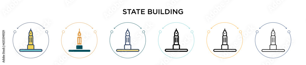 State building icon in filled, thin line, outline and stroke style. Vector illustration of two colored and black state building vector icons designs can be used for mobile, ui, web