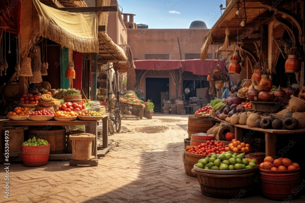Traditional street stalls at the bazaar. East style. Vegetables, fruits, spices. - obrazy, fototapety, plakaty 
