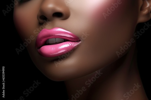 Beautiful black woman with pink lips, close-up, black skin, on pink background