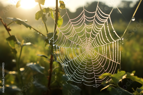 Nature's intricate design, a dew-covered spider web, anticipates the morning's first prey with quiet patience photo