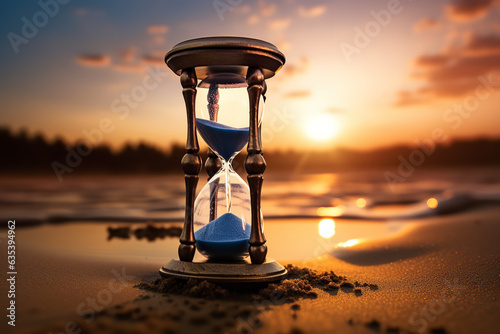 The transient nature of time visualized as sand sifts through an hourglass, juxtaposed with the hues of twilight
