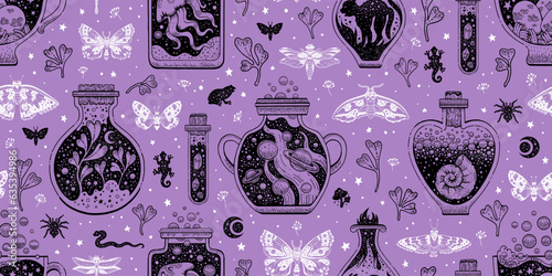 Potion alchemy seamless pattern. Halloween symbols. Magic elixir bottle and flask with cat, butterfly, moth, shell. Occult witchcraft mystic background. Celestial esoteric black purple witch pattern photo