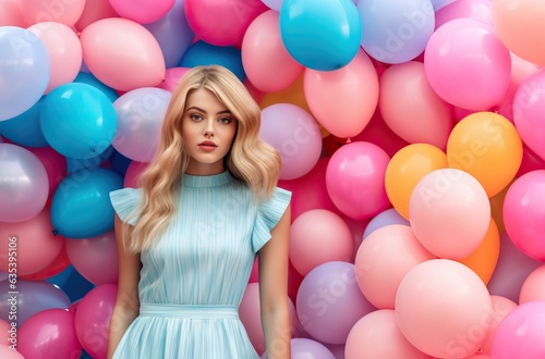Portrait of a beautiful young blonde girl with colorful balloons in the background.