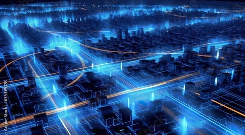 abstract city with blue light rays on black background,