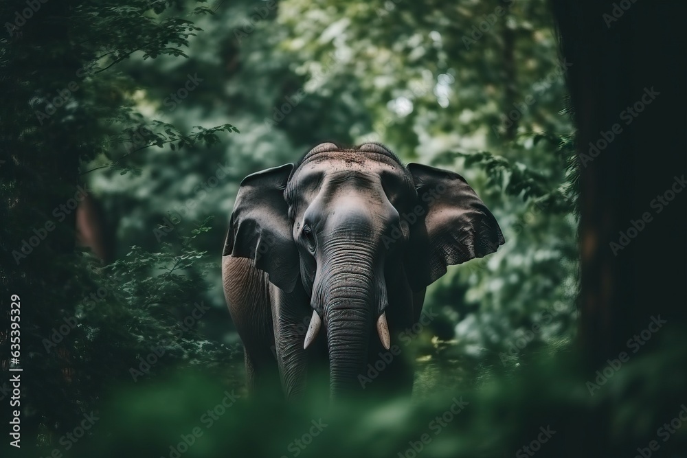 Fototapeta premium Asian elephant in the jungle. Wildlife scene from Asia. Animal in nature.