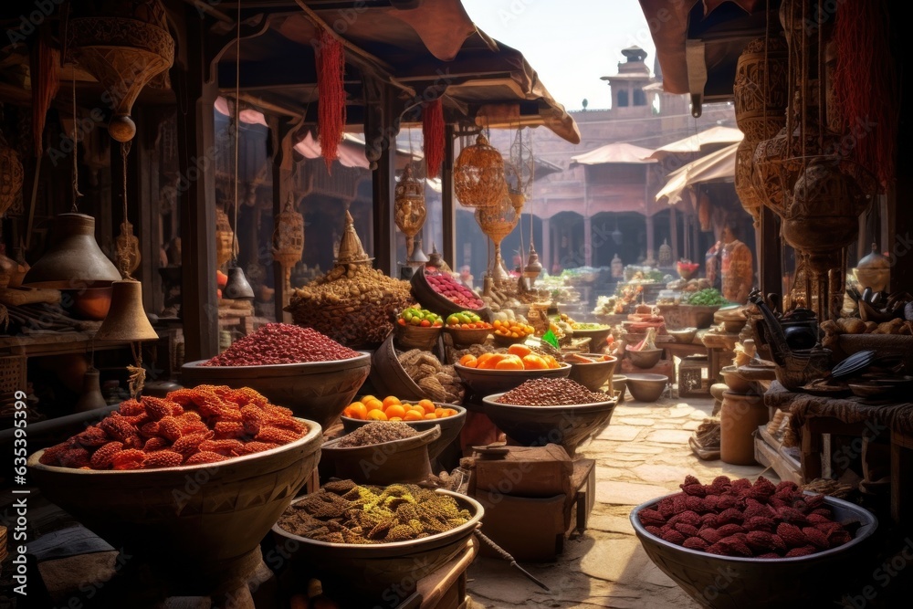 Traditional street stalls at the bazaar. East style. Vegetables, fruits, spices. - obrazy, fototapety, plakaty 