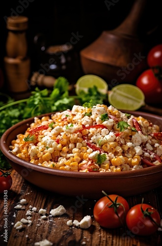Spicy salad with corn, paprika and feta cheese in a bowl on a dark background