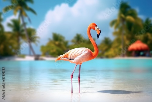 Pink flamingo in the water on a background of blue sky.