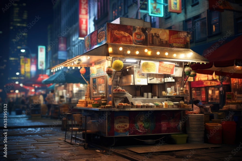 Naklejka premium Counter with takeaway street food, on the streets of the night city