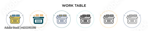 Work table icon in filled, thin line, outline and stroke style. Vector illustration of two colored and black work table vector icons designs can be used for mobile, ui, web