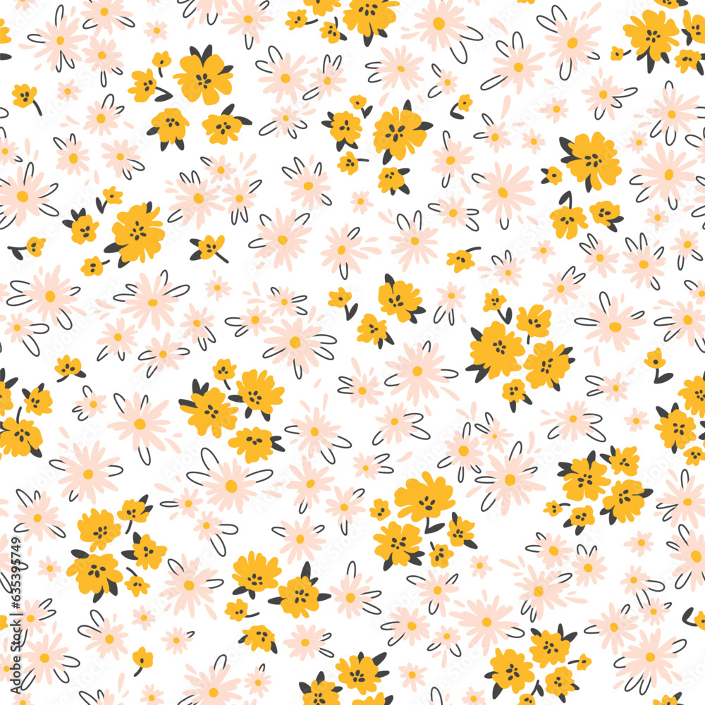 Floral seampless vector pattern. Pretty flowers on white background. Printing with small colorful flowers. Meadow simple floral texture. Ditsy cartoon print.