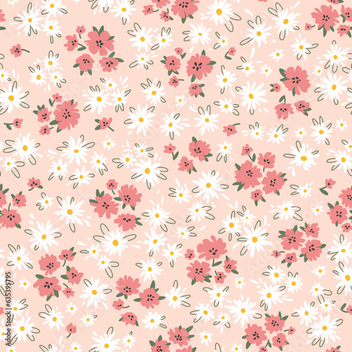 Floral seampless vector pattern. Pretty flowers on pink background. Printing with small colorful flowers. Meadow simple floral texture. Ditsy cartoon print. photo
