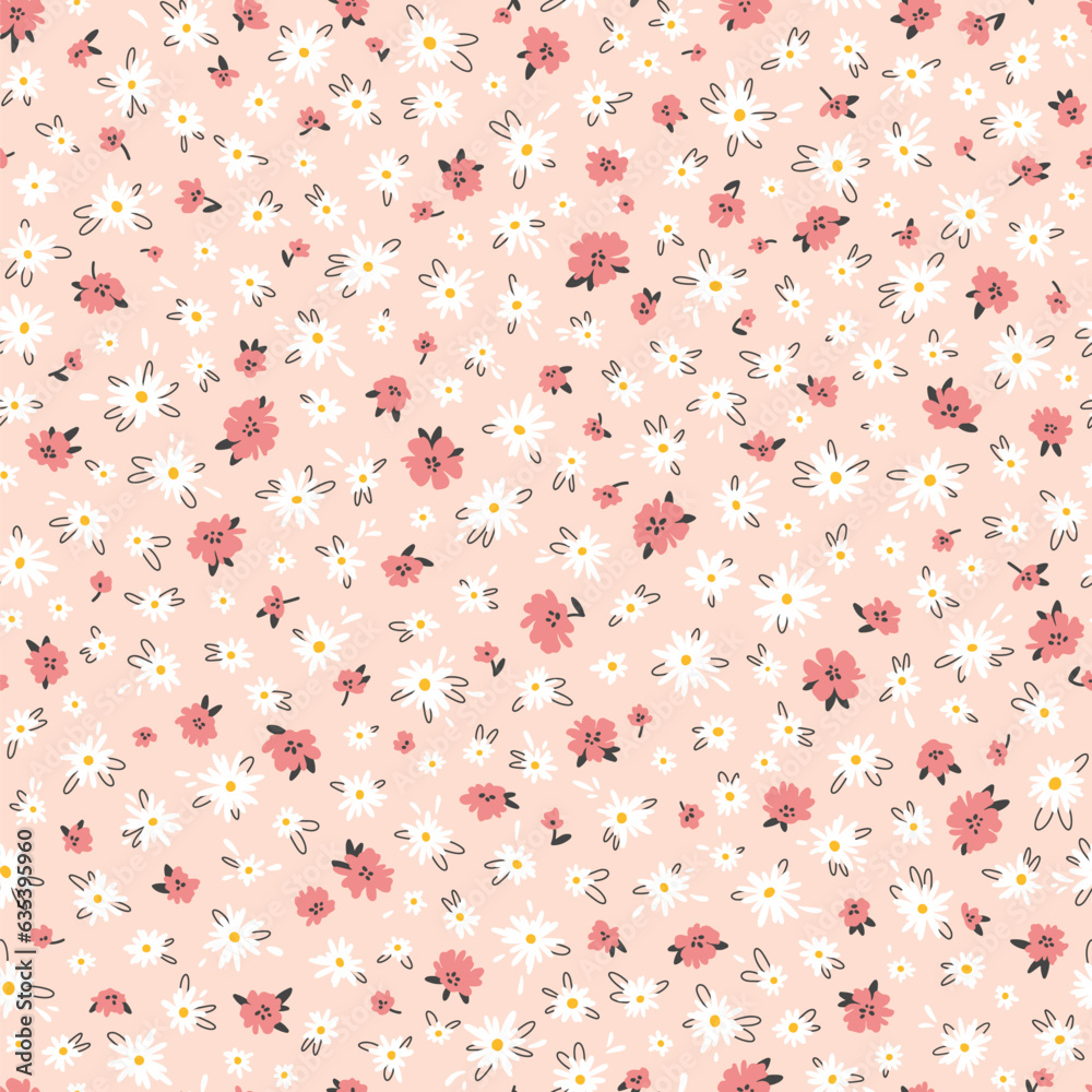 Floral seampless vector pattern. Pretty flowers on pink background. Printing with small colorful flowers. Meadow simple floral texture. Ditsy cartoon print.