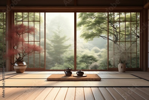 Secluded vacant traditional Japanese-style room with tatami flooring, Generative Ai