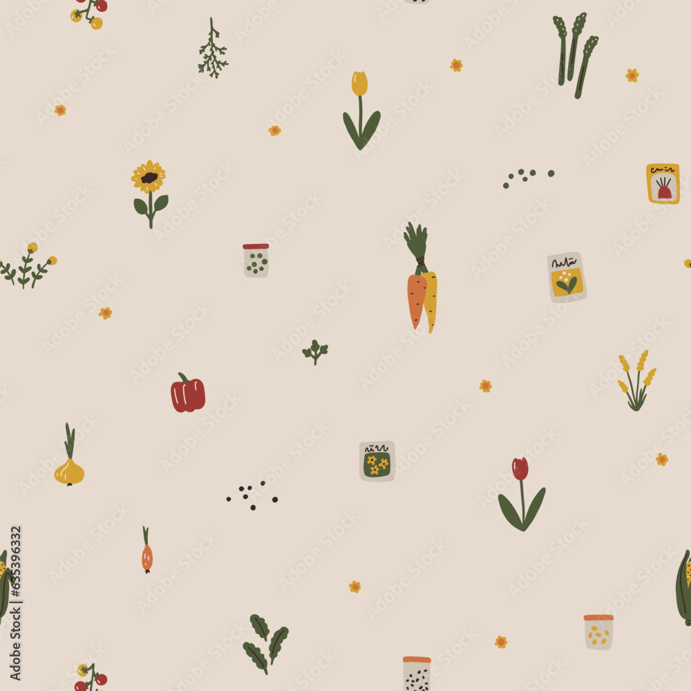 Natural seamless vector pattern with farm vegetables, flowers and seeds. Simple cartoon doodle hand-drawn scandinavian style. Earthy organic palette on a craft background. Trendy illustration.