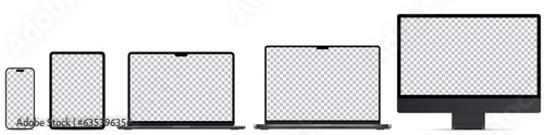 Mock-up screen 2023-2024 yers. Set devices black colors. Laptop pro and air, Computer monitor, Tablet and Smartphone with blank screens for you design. Vector illustration