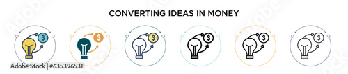 Converting ideas in money icon in filled, thin line, outline and stroke style. Vector illustration of two colored and black converting ideas in money vector icons designs can be used for mobile, ui,
