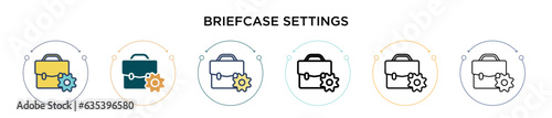 Briefcase settings icon in filled, thin line, outline and stroke style. Vector illustration of two colored and black briefcase settings vector icons designs can be used for mobile, ui, web