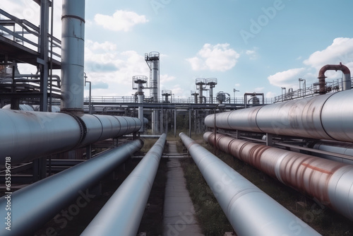 Industry pipeline transport petrochemical, gas and oil processing, furnace factory line, rack of heat chemical manufacturing, equipment steel pipes plant, generative AI