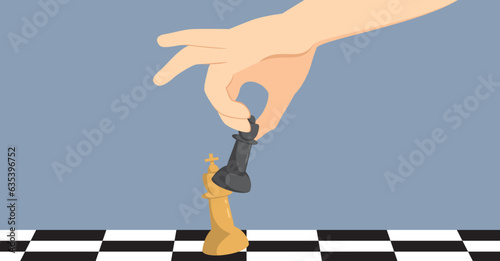 Vector illustration of hand moving black queen chess figure making Checkmate against white king during chessboard competition. Strategy, Success, management, business planning, interruption and leader