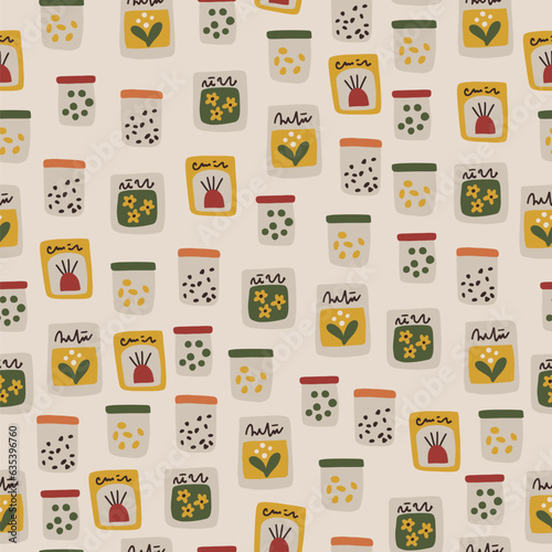 Natural seamless vector pattern with farm paper bags with vegetable seeds. Simple cartoon doodle hand drawn scandinavian style. Earthy organic palette on a craft background. Trendy illustration.