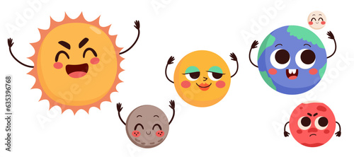 Vector illustration of solar system mascot character elements. Sun, mercury, Venus, earth, moon and mars planets