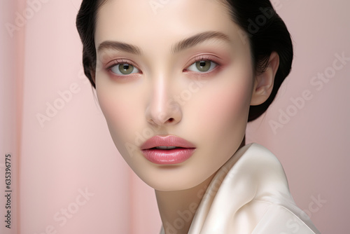 Beautiful asian woman with pastel pink lips, close-up, white skin, on pink background