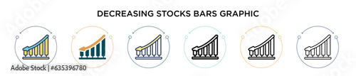 Decreasing stocks bars graphic icon in filled, thin line, outline and stroke style. Vector illustration of two colored and black decreasing stocks bars graphic vector icons designs can be used for