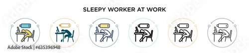 Sleepy worker at work icon in filled, thin line, outline and stroke style. Vector illustration of two colored and black sleepy worker at work vector icons designs can be used for mobile, ui, web