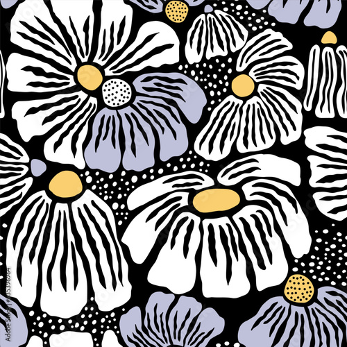 Abstract monochrome style floral seamless pattern. Hand drawn big flowers texture. Great for fabric, textile, wallpaper. Vector illustration