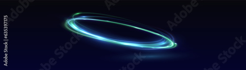 Neon swirl. Curve blue line light effect. Abstract ring background with glowing swirling background. Energy flow tunnel. Blue portal, platform. Magic circle vector. Luminous spiral. round frame