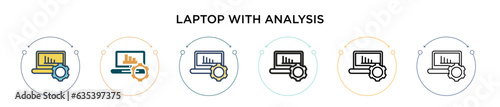 Laptop with analysis icon in filled, thin line, outline and stroke style. Vector illustration of two colored and black laptop with analysis vector icons designs can be used for mobile, ui, web
