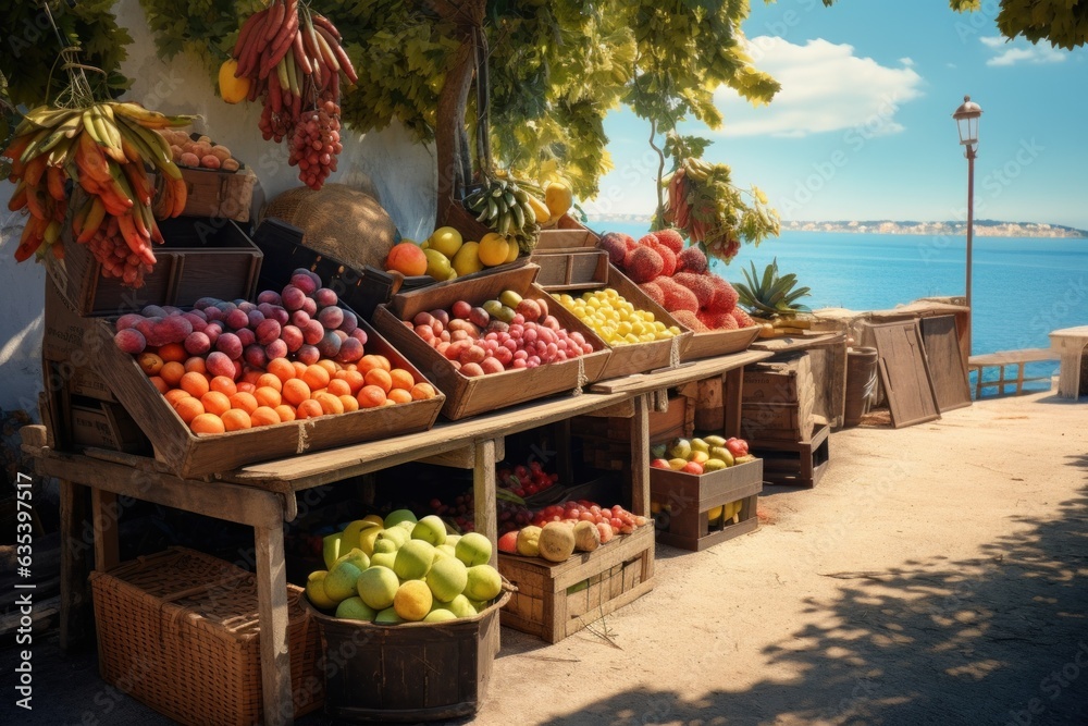 Sale of vegetables and fruits in the store. Showcase on the promenade near the sea
