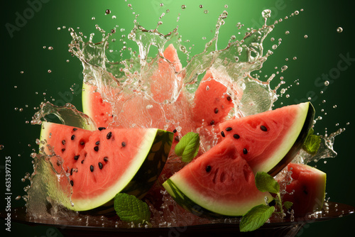 Explosion of taste  watermelon on a green background in a splash of juice  refreshing juicy fruit concept